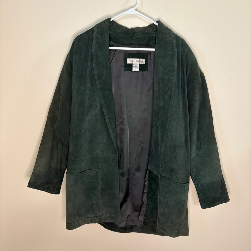 Vintage Evan Davies Suede Jacket Mens M Green Leather Coat Open Front 80s Retro